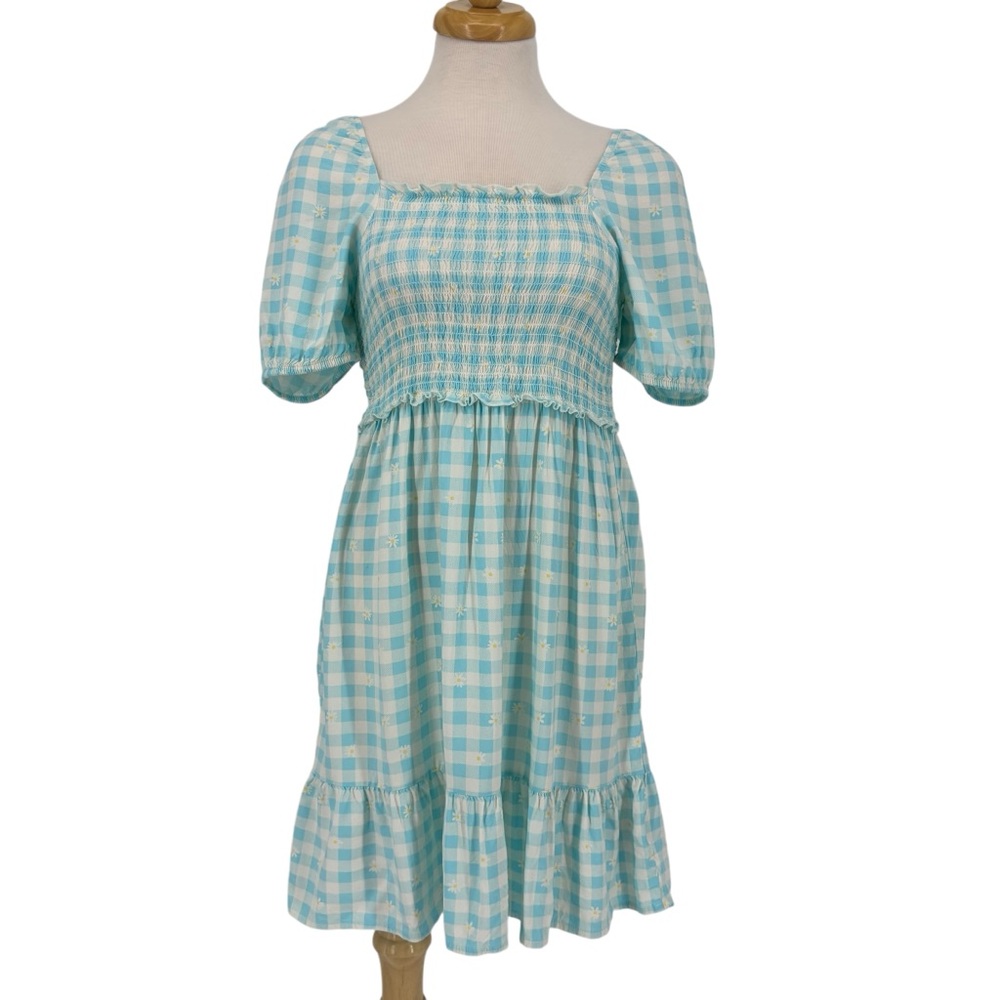 NOBO Blue Gingham with Daisies Peasant Sleeved Smock Dress, Small